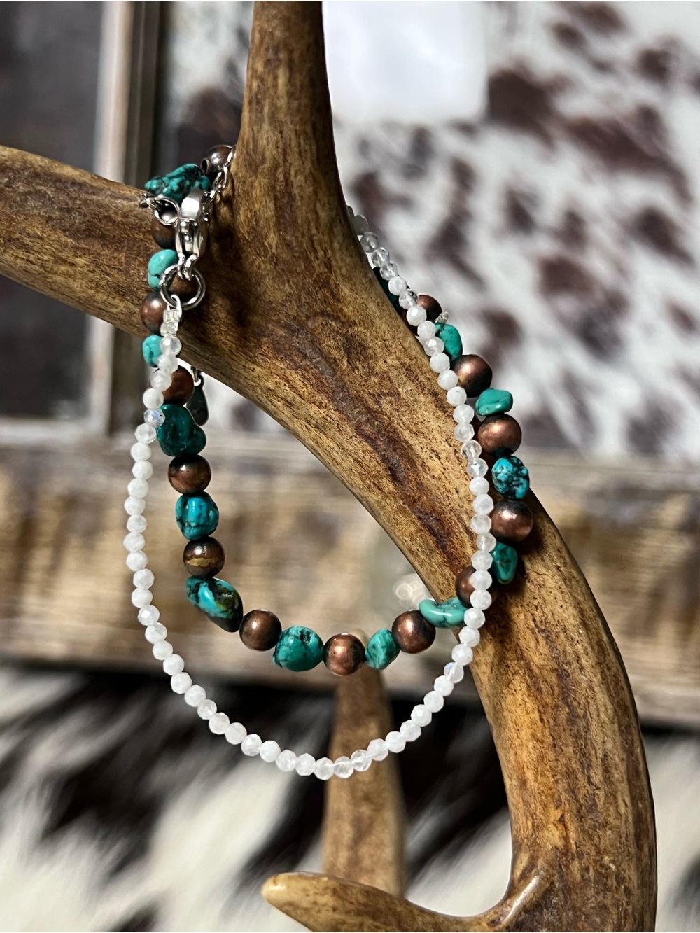 Turquoise, Copper &  faceted moonstone Beaded Women's Bracelet Set